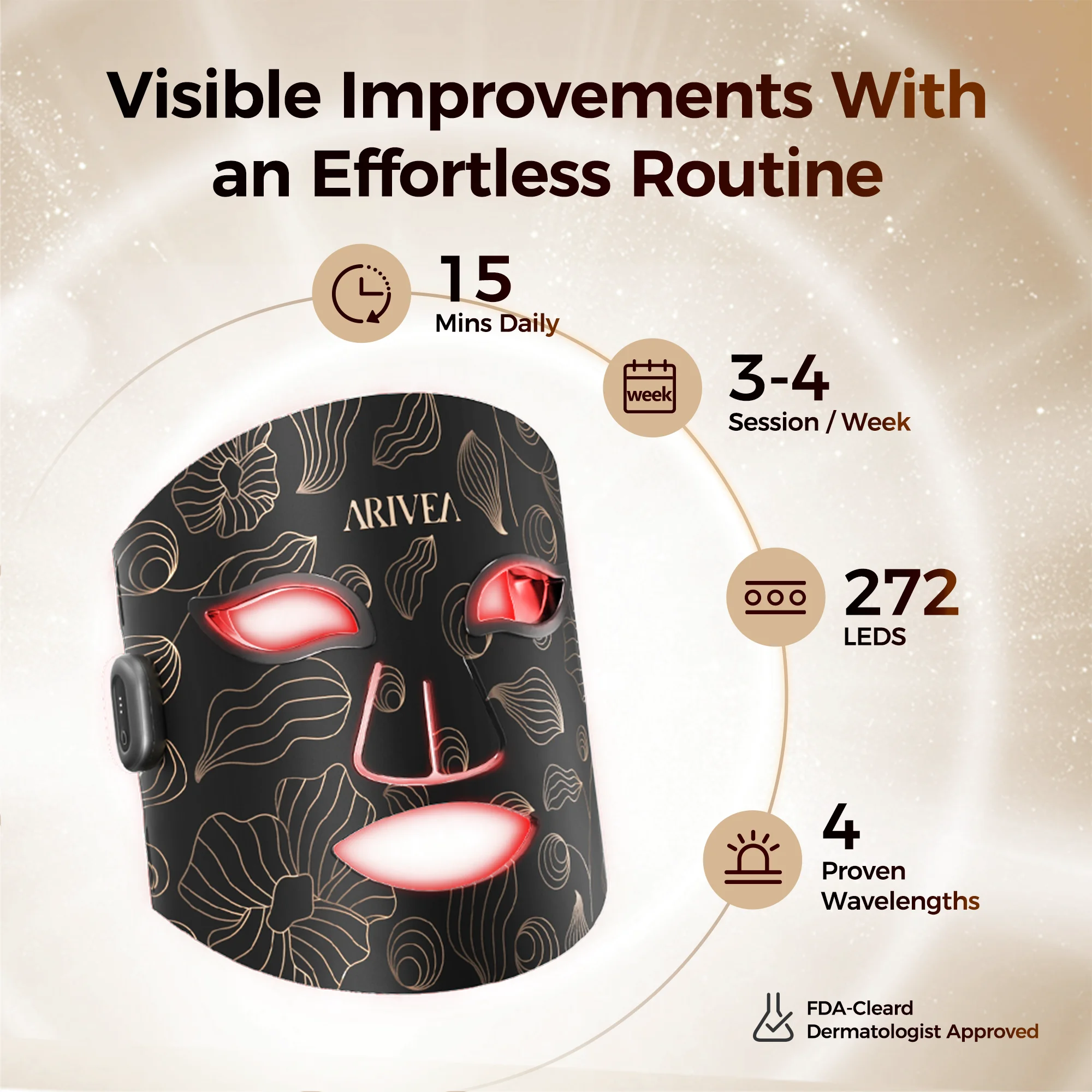 Arivea - Wireless Red Light Therapy Mask for Face, Rechargeable NIR LED, Home & Travel