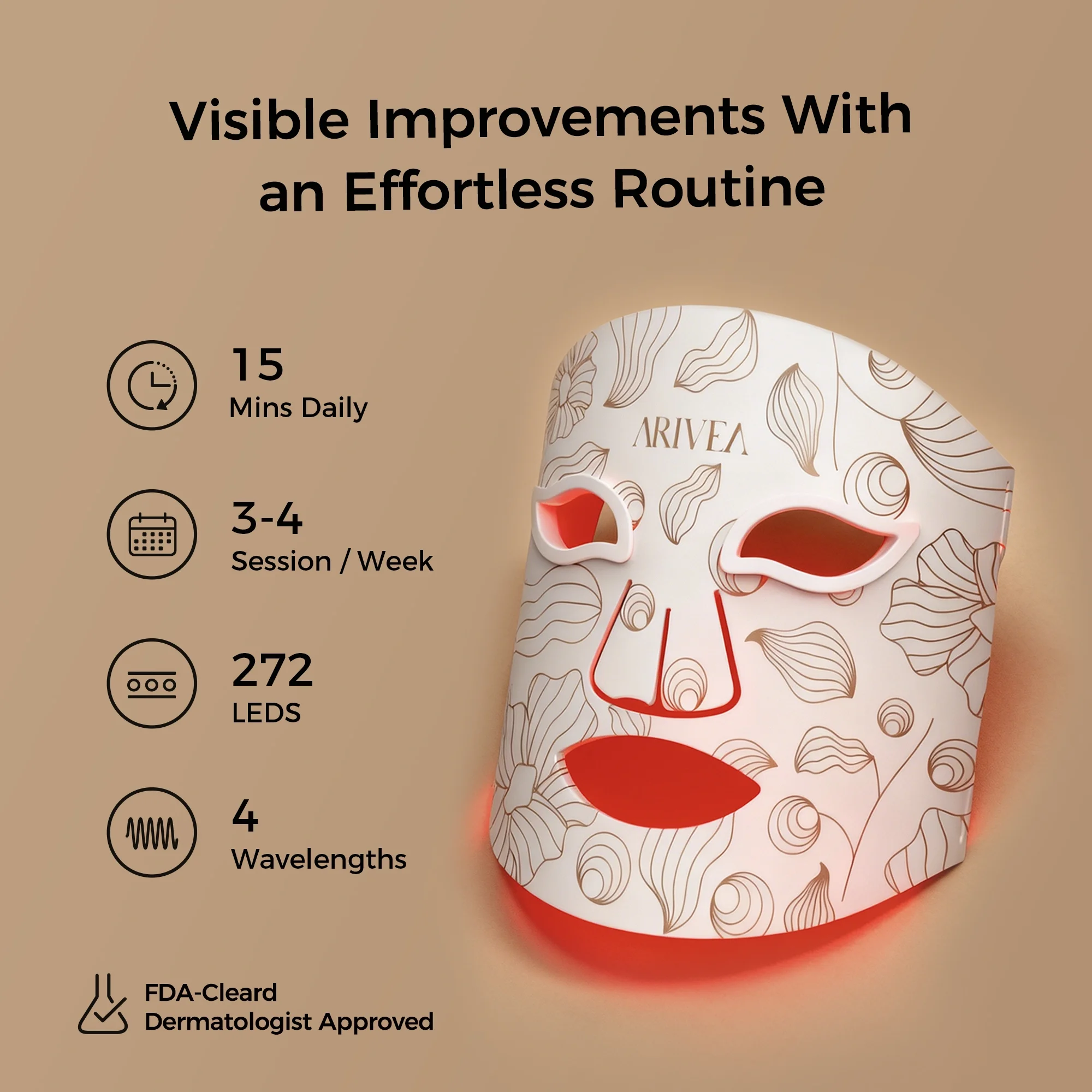 Arivea - Wireless Red Light Therapy Mask for Face, Rechargeable NIR LED, Home & Travel